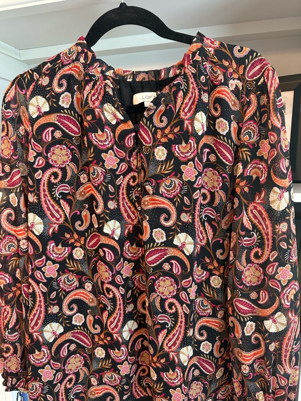 LOFT Boho Black Paisley Floral Button-Front Blouse